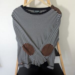 Ralph Lauren Navy White Stripe Long Sleeve Top with Brown Suede Details